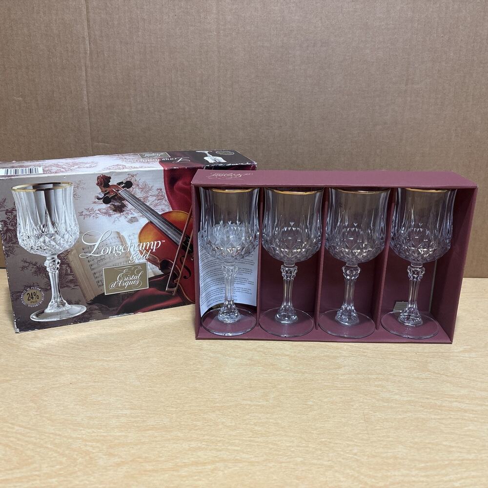 Vintage Longchamp Gold Rim Cristal D'Arques Water Wine Glass 5.75 Oz Set of 4